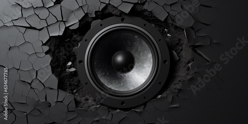 Black wall breaks from sound with loudspeaker.  