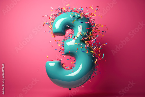  Colorful number three, third, 3. Happy birthday number with balloons, bubbles, particles and confetti. Anniversary. Generative ai  photo