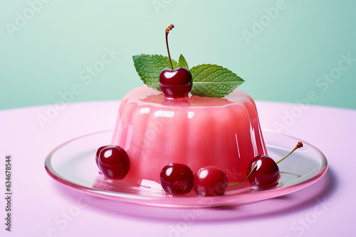 Jelly pudding with cherry fruits on pastel background photo