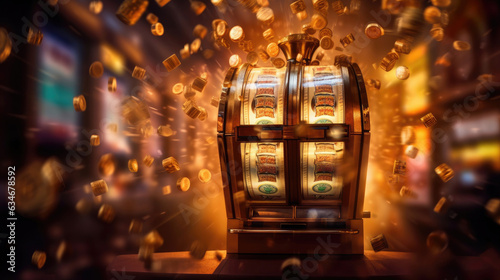 The slot machine hits the jackpot, with gold coins splattering