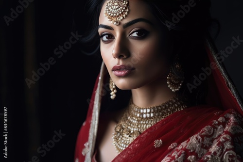 Elegant Indian woman wearing traditional red and gold jewelry. A fictional character created by Generated AI