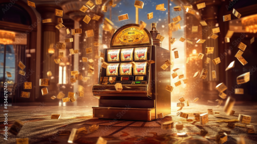 Obraz premium The slot machine hits the jackpot, with gold coins splattering