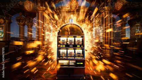 The slot machine hits the jackpot, with gold coins splattering