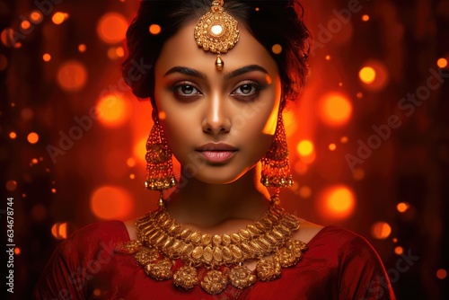 Elegant Indian Woman Adorned with Gold Jewelry. A fictional character created by Generated AI