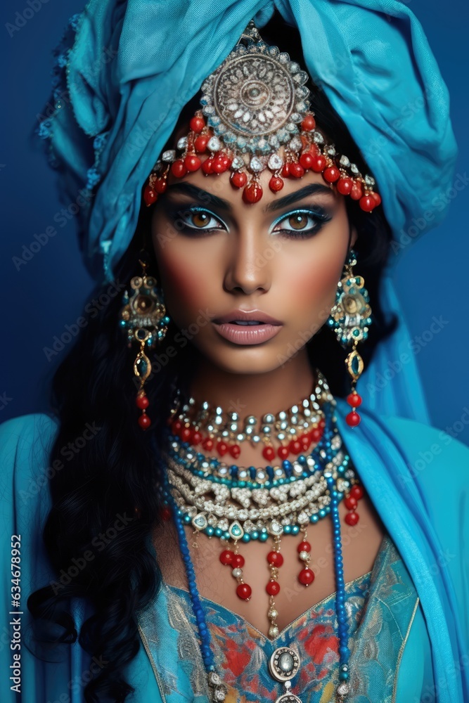 Eastern-inspired beauty wearing traditional jewelry and makeup. A fictional character created by Generated AI Eastern-inspired beauty wearing traditional jewelry and makeup. A fictional character created by Generated AI
