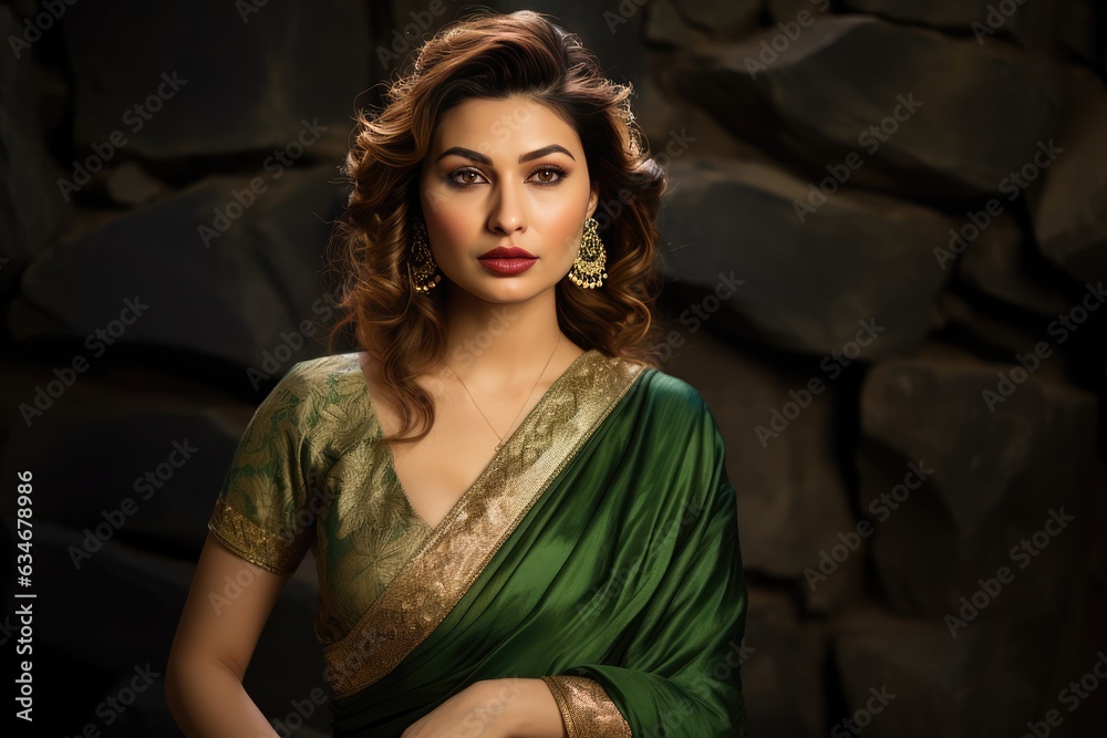 Beautiful Indian Woman in a Green Sari. A fictional character created by Generated AI