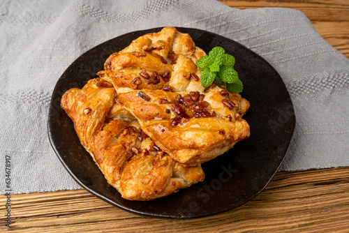 Maple Pecan Puff Pastry, Danish Plaits Pastries with Maple Syrup and Pecan Nuts, Breakfast Bakery