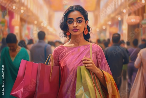 A woman holding shopping bags in a crowded shopping area. A fictional character created by Generated AI