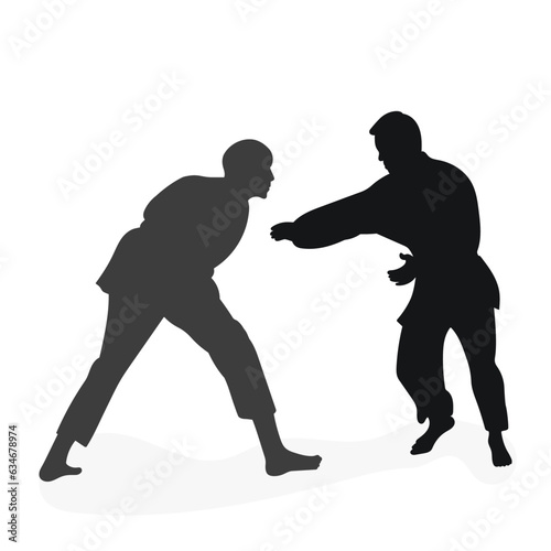 Image silhouette judoka. Judo, martial art, sportsmanship, wrestling, duel, grappling, combating, fighting, struggle