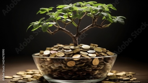 Tree growing on stacks of coins  Growing money tree.