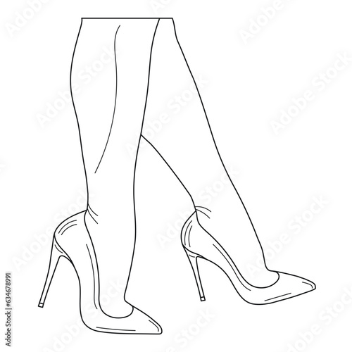 Drawing sketch outline silhouette of female legs in a pose. Shoes stilettos, high heels