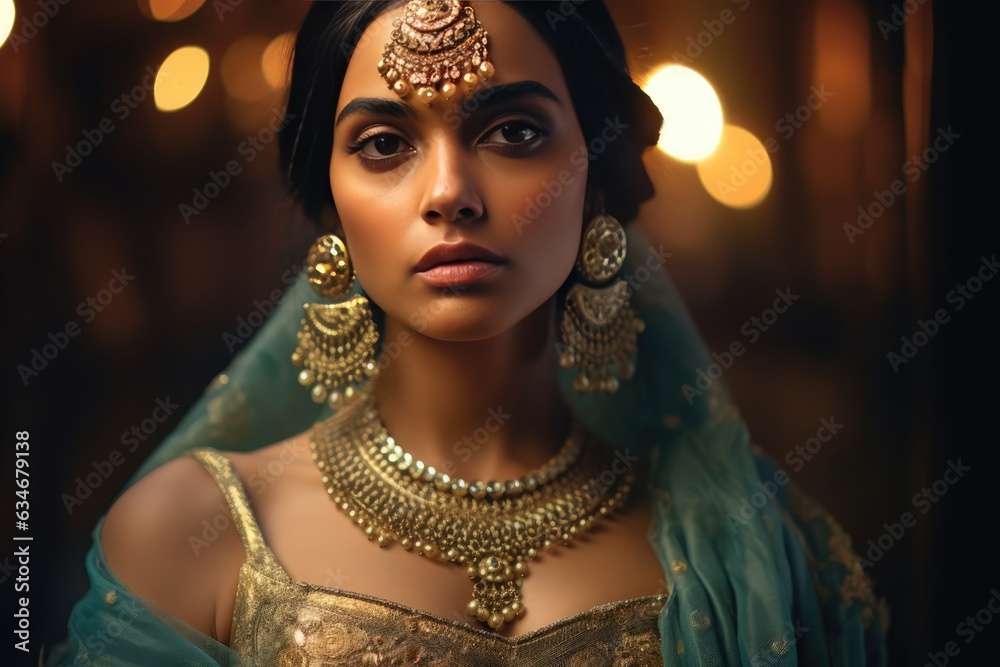 Elegant Indian woman adorned with gold jewelry. A fictional character created by Generated AI Elegant Indian woman adorned with gold jewelry. A fictional character created by Generated AI