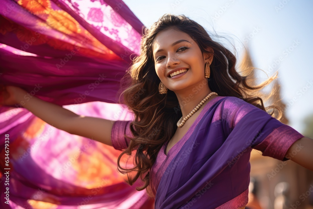 Naklejka premium Indian Woman in traditional attire, including a purple dress and jewelry, holding a pink scarf.. A fictional character created by Generated AI
