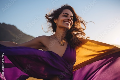 Stampa su tela A woman in a vibrant purple dress, spreading her arms wide open, appears to be flying through the air with an elegant, swinging motion