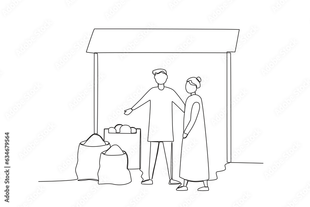 A continuous one-line drawing of a rice seller offering his wares at a traditional market
A continuous one-line drawing of a rice seller offering his wares at a traditional market