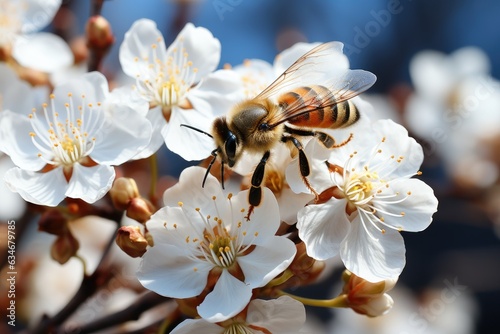 Beautiful honey Bee on white flower, close up. Extreme macro shots.