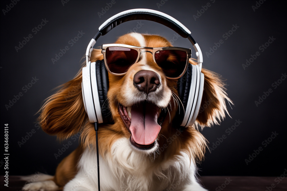 pleased dog enjoying wearing headphones. Generative AI