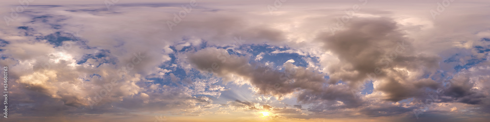 sunset skydome with evening clouds as seamless hdri 360 panorama view in spherical equirectangular format for use in 3d graphics or game development as sky dome replacement or edit drone shot