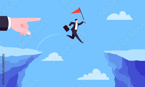 Businessman jumps over the abyss across the cliff flat style design vector illustration. Business concept of fearless businessman with huge courage. Risk, goal achievement, work obstacles and success.