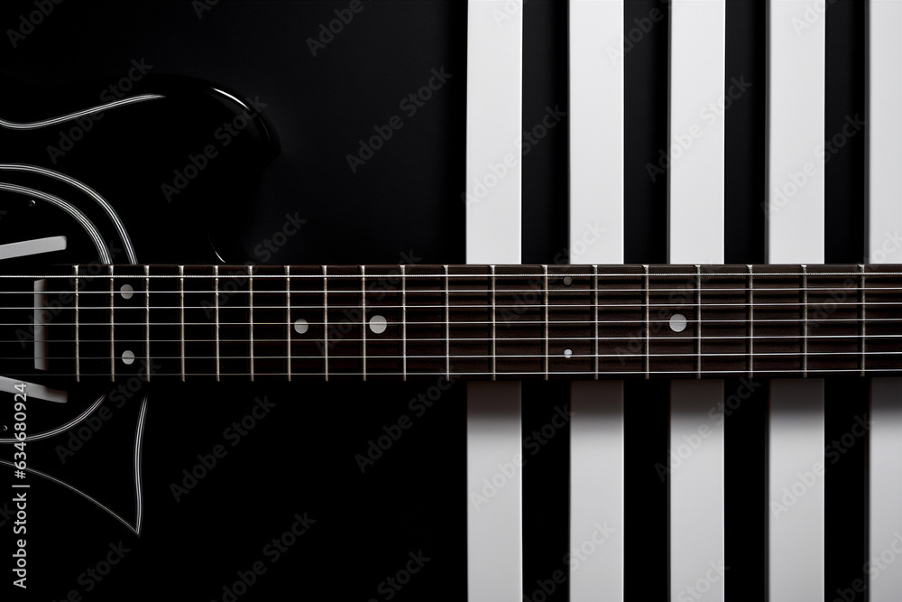 Fototapeta premium Top flat view of electric guitar with clean straight lines. Generative AI