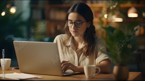 Animated Work: Girl Engages Laptop in Coffee-Enhanced Workspace