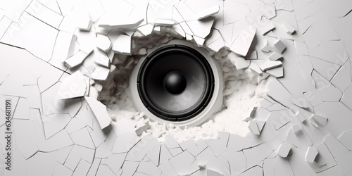 White wall breaks from sound with loudspeaker.  