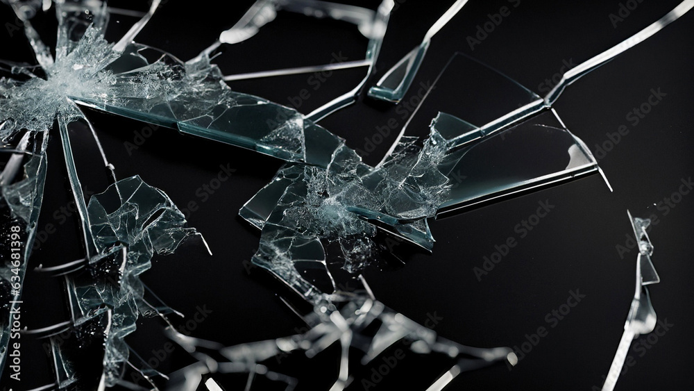 cracked glass object on black background, smashed glass texture, shards ...