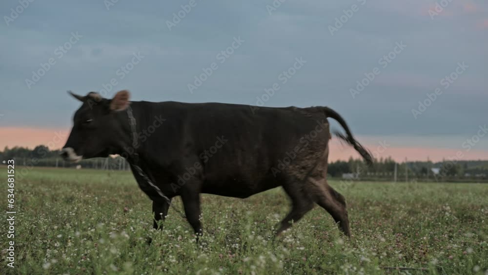 beautiful cow grazes on the field at sunset in the green grass. High quality 4k footage beautiful cow grazes on the field at sunset in the green grass. High quality 4k footage