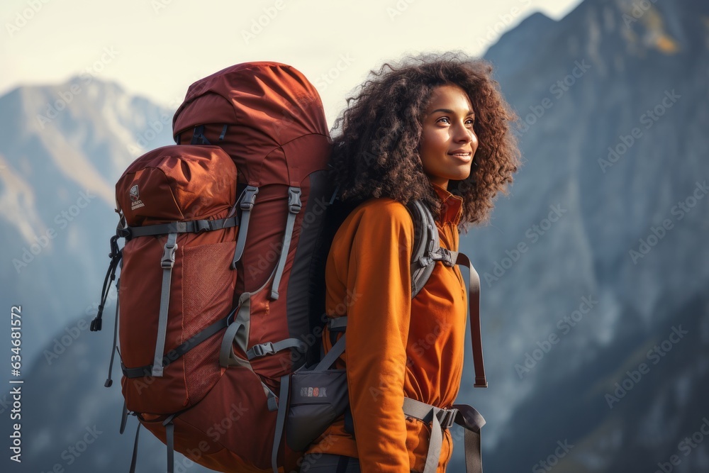 Side view happy young black traveler woman carrying backpack. Mountains background Side view happy young black traveler woman carrying backpack. Mountains background