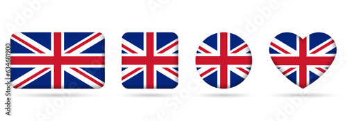 UK flag icon set. United Kingdom badges. British square, heart and circle national symbol. Vector illustration.