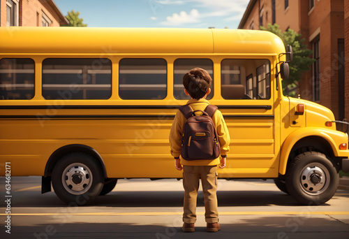 Back to school concept, boy un yellow jacket standing in front of yellow school bus, background design 
