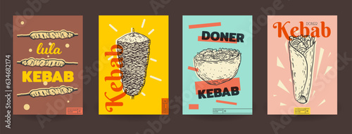 Set fast food template background for cover, poster, menu with kebab in vintage sketch style. Collection bright creative graphic concept design. Vector illustration.