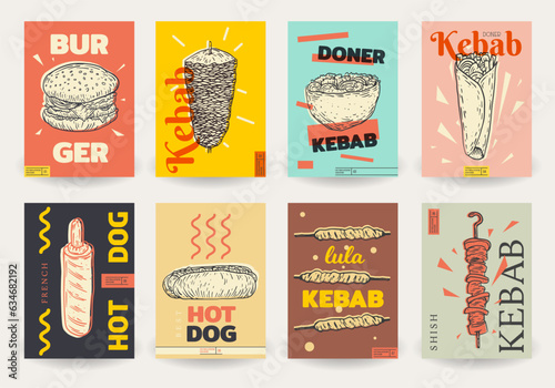 Set fast food template background for cover, poster, menu with burger, kebab, hotdog in vintage sketch style. Collection bright creative graphic concept design. Vector illustration. © vvvisual