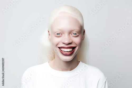 portrait of smiling young black albino woman with blond hair, ai generated