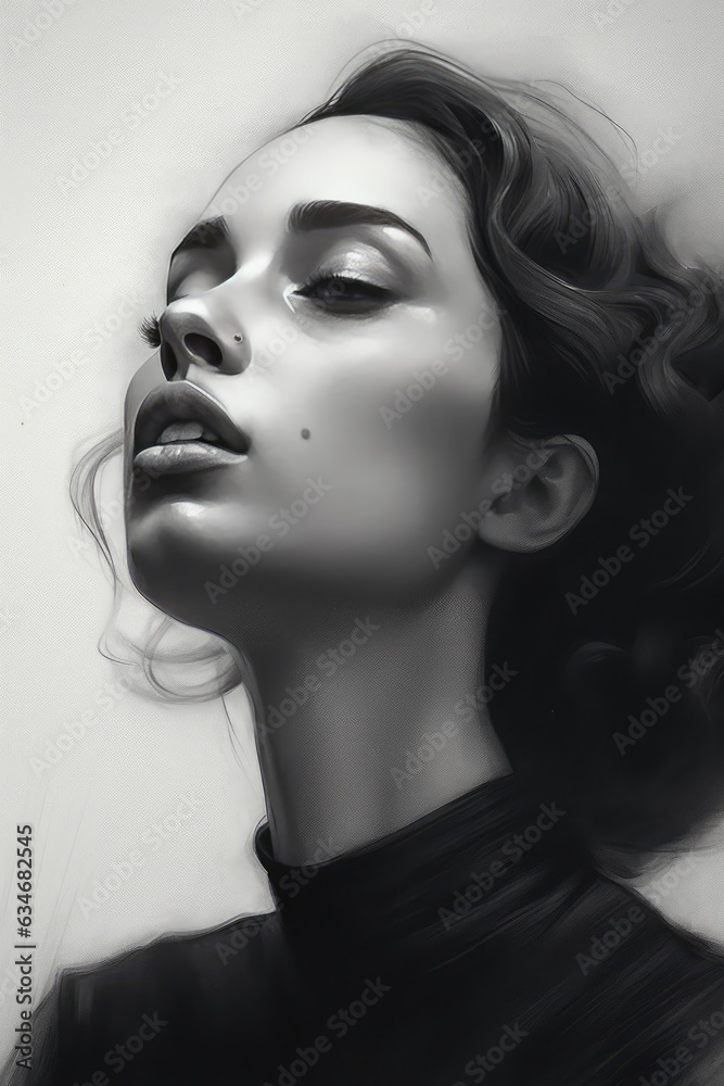 Fototapeta premium A woman with dark hair contemplating the camera. A fictional character created by Generated AI