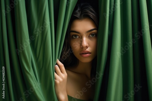 Emerald Green Curtains - Beautiful Woman Peeking Through. A fictional character created by Generated AI