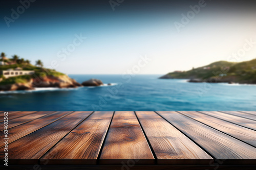 Coastal Serenity Wooden Table Top on Blurred Sea Island and Blue Sky Background. created with Generative AI