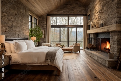 Farmhouse interior design of modern bedroom. Wooden floor. Big windows