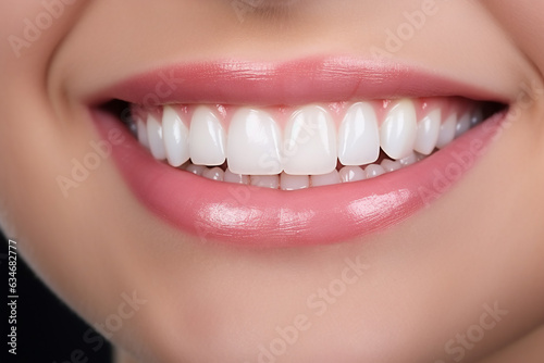 Close up of mouth of woman smiling. White healthy teeth. Orthodontics dental treatment straightening concept. Banner with copy space