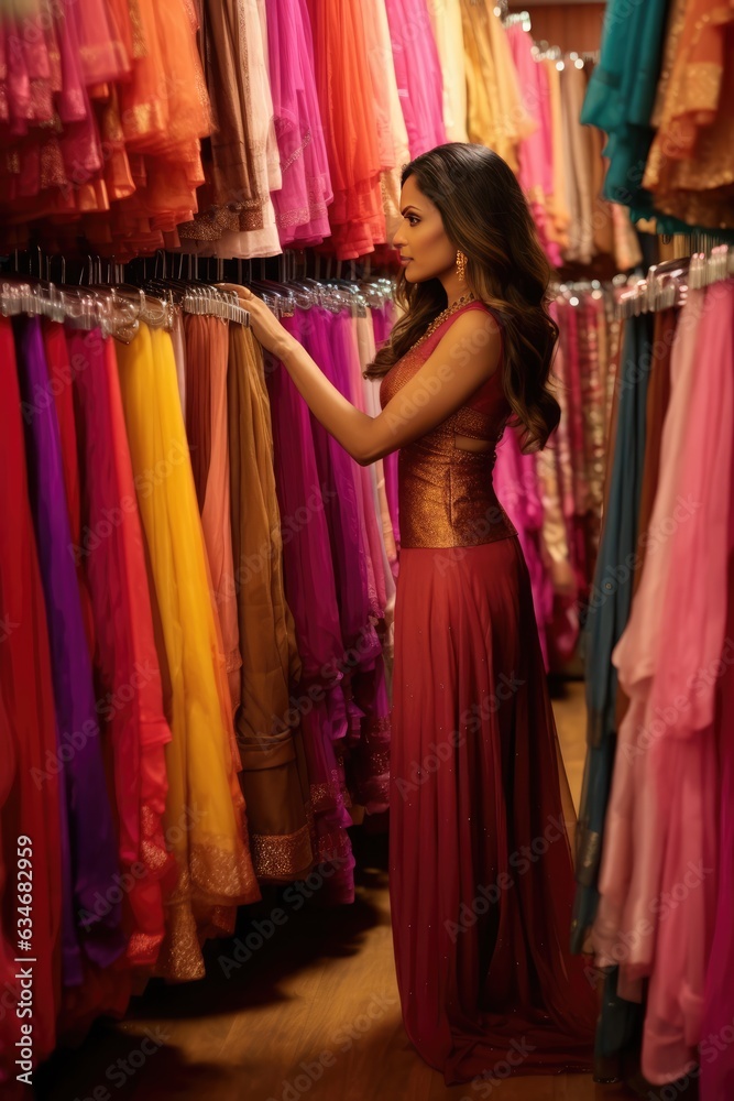 A woman trying on dresses in a clothing store. A fictional character created by Generated AI