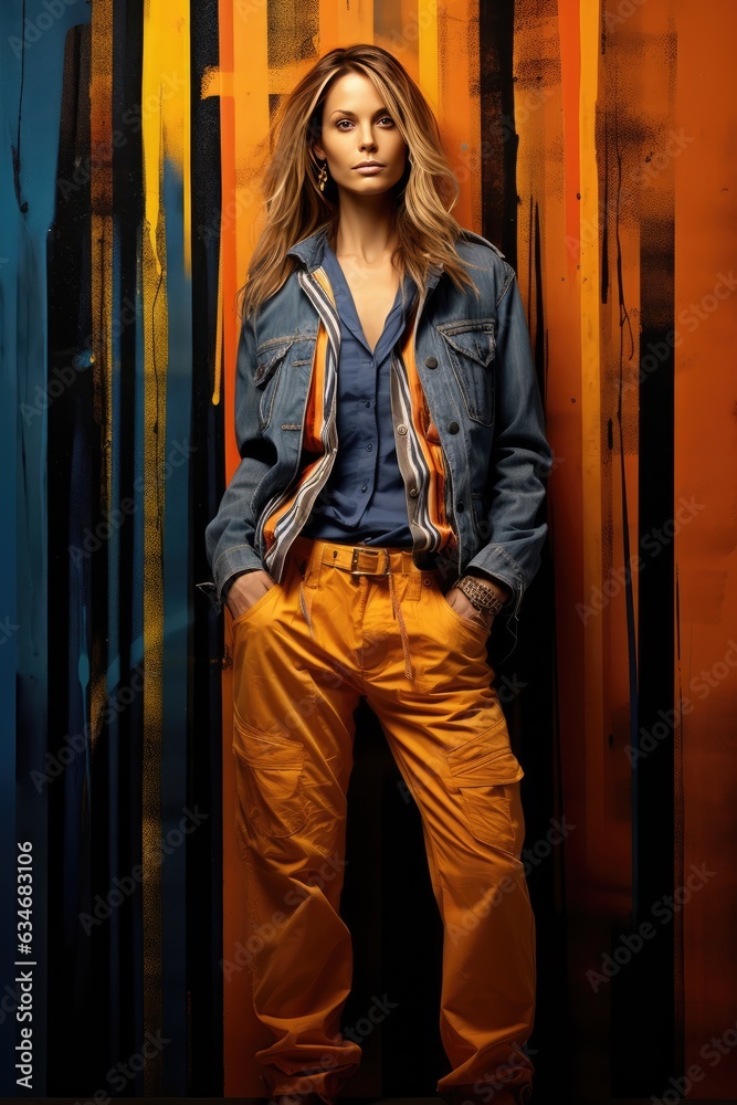 Fashionable Female Model Posing in Front of Colorful Paintings. A fictional character created by Generated AI Fashionable Female Model Posing in Front of Colorful Paintings. A fictional character created by Generated AI