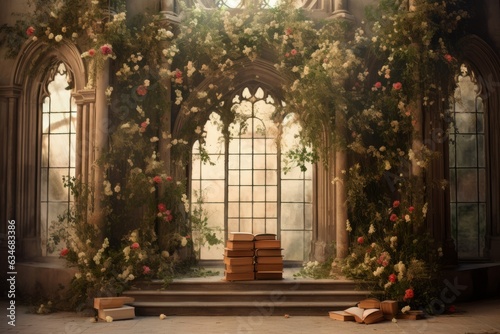 Giant vintage Gothic altar, photo zone with books and flowers on the wall