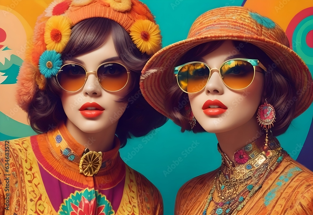 women with 1960s clothing style, hipsters with psychedelic clothes and vintage sunglasses