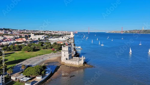 Lisbon: Aerial view of capital city of Portugal, Belem Tower (Torre de Belém, Tower of Saint Vincent) - landscape panorama of Europe from above photo