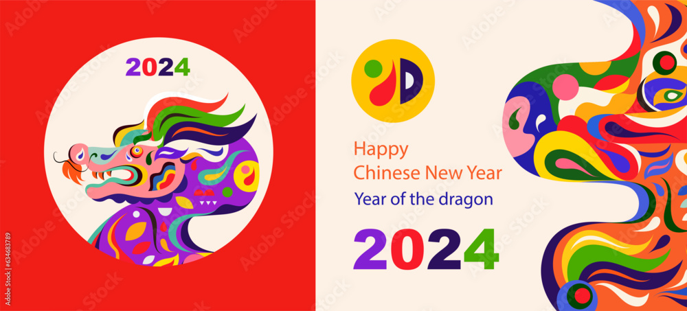 Happy Chinese New Year 2024 vector design. Symbol of 2024 Year of the Dragon. 2024 Happy New Year template. Vector illustration with colorful Dragon. Calendar design Happy Chinese New Year 2024 vector design. Symbol of 2024 Year of the Dragon. 2024 Happy New Year template. Vector illustration with colorful Dragon. Calendar design