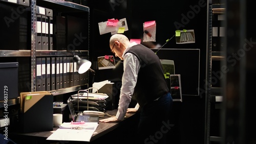 Stressed investigator on police duty, working with classified documents to solve case. Experienced law enforcement agent examining clues on board, reading witness statements files.