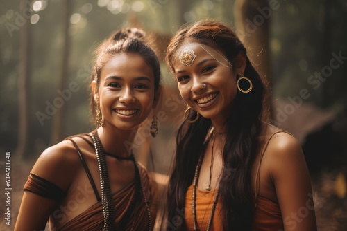 Two women posing for a picture in the woods. A fictional character created by Generated AI
