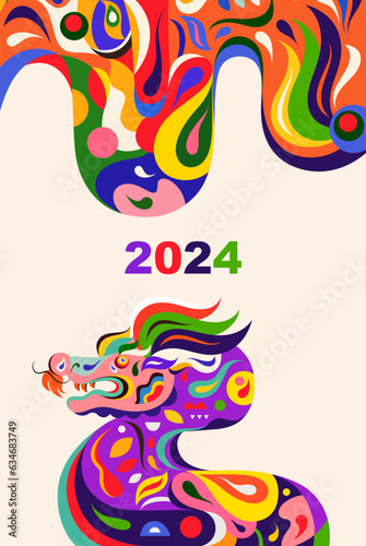Happy Chinese New Year 2024 vector design. Symbol of 2024 Year of the Dragon. 2024 Happy New Year template. Vector illustration with colorful Dragon. Calendar design