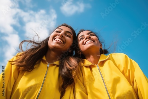 Two friends smiling and enjoying a bright sunny day together. A fictional character created by Generated AI