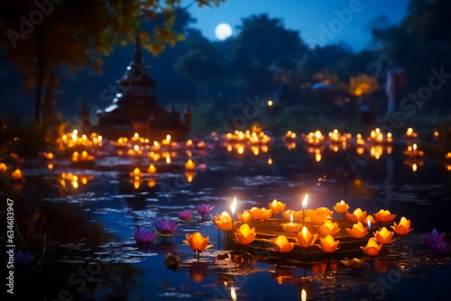 Diwali background. Floating flower diya oil lantern on the water of a lake, at night.